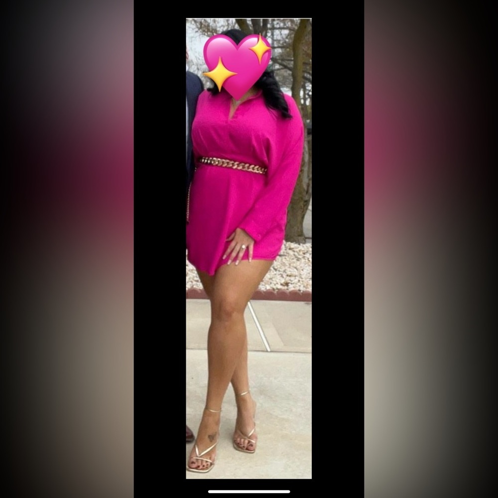 Hot Pink Long Sleeve Half Button Down Dress (belt not included)